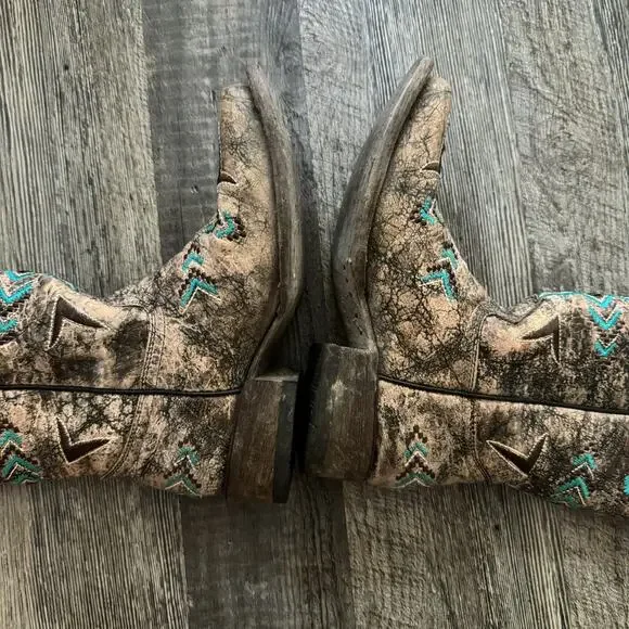 Corral Boots Vintage Aztec Bronze Turquoise Western Cowboy Boots E1052 Girls 3.5 - Picture 9 of 9